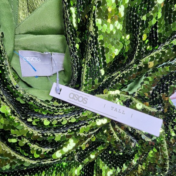 ASOS Design Womens Size 6 Tall Green Sequin Mini Dress V Neck Draped - Picture 5 of 12